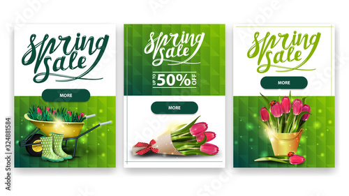 Spring sale, collection green and white discount banners with spring icons and polygonal texture