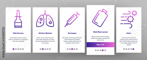 Flu Symptoms And Cure Onboarding Icons Set Vector. Cough And Lungs, Tablets And Wipes, Syringe And Injection, Flu Virus And Snot Illustrations