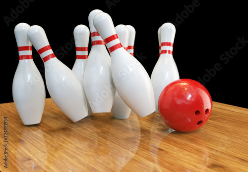 Image of scattered skittles and bowling ball on wooden floor, 3d rendering.