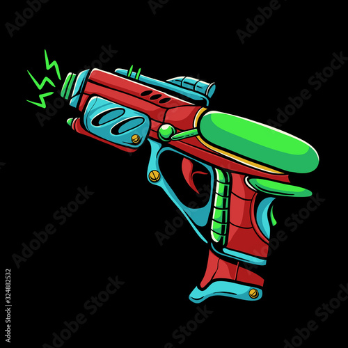 Space gun illustration. Ray gun cartoon. Futuristic weapon design for sticker, web landing page, or tshirt design