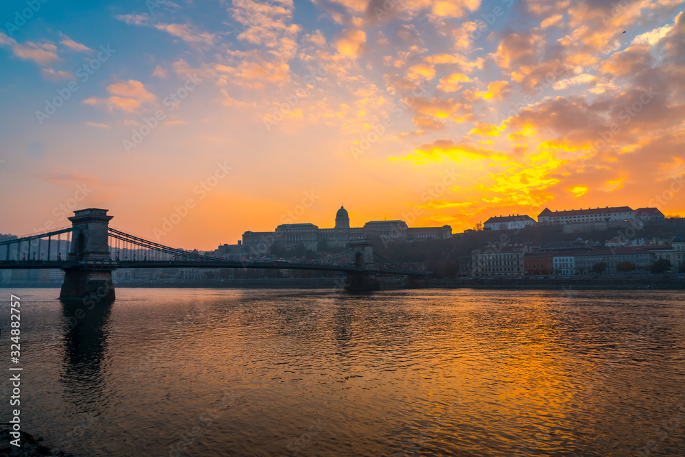 Szechenyi Chain Bridge over the River Danube at night in Budapest