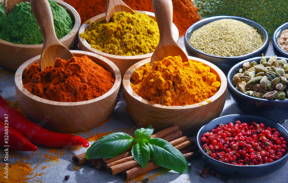 Variety of spices on kitchen table