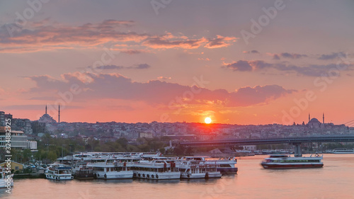 Passenger Ferry in the Bosphorus at sunset timelapse  Istanbul skyline  Turkey