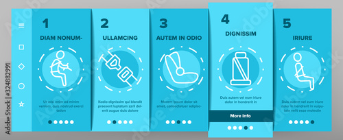 Belt Safety Equipment Onboarding Icons Set Vector. Driver Strapped Car Seat Belt, Protection Automobile Device, Baby Chair Illustrations