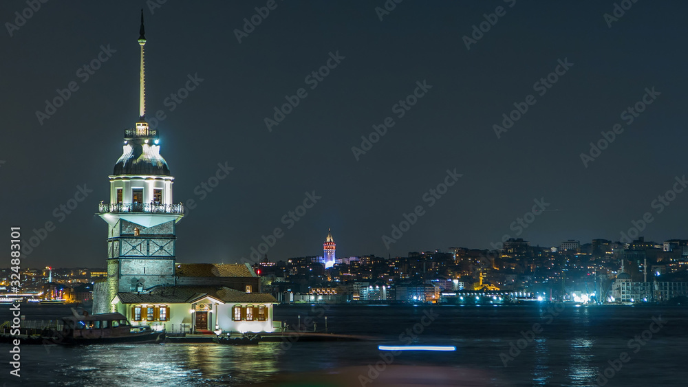 The Maiden's Tower timelapse at blue hour on the Bosphorus in Istanbul, Turkey.