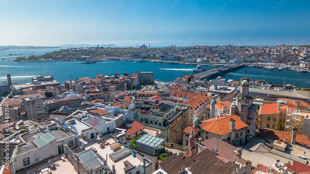 The view from Galata Tower to Galata Bridge timelapse Golden Horn, Istanbul, Turkey
