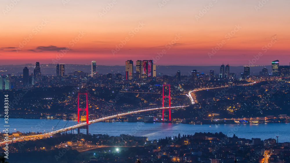 Istanbul city skyline cityscape time lapse from day to night view of bosphorus bridge and financial business center Istanbul city skyline cityscape time lapse from day to night view of bosphorus bridge and financial business center