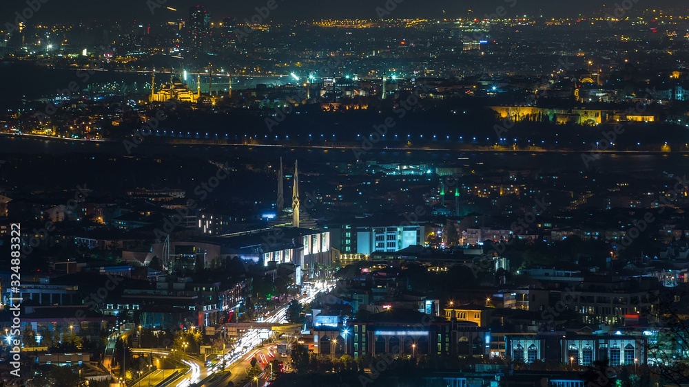 Istanbul classical night skyline scenery timelapse, view over Bosporus channel.