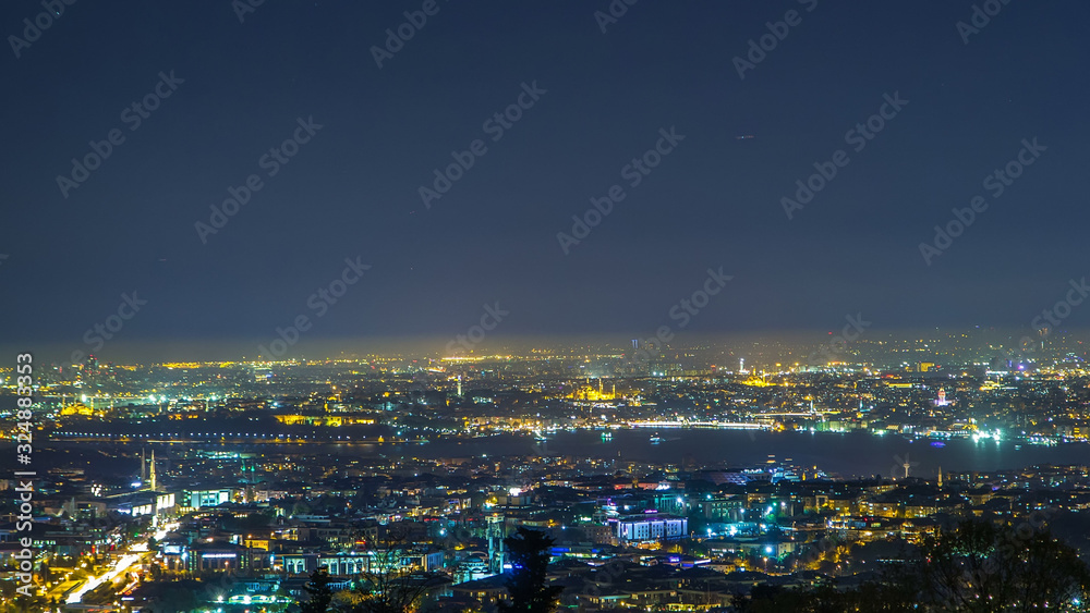 Night timelapse top view of besiktas district in istanbul taken from asian part of the city.