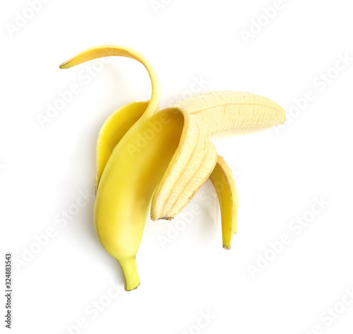 Ripe banana isolated on white background. Top view