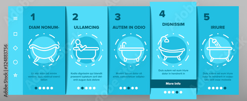 Bathtube And Shower Onboarding Icons Set Vector. Bathtube In Different Form, With Human And Full Soap Bubbles, Faucet And Towel Illustrations