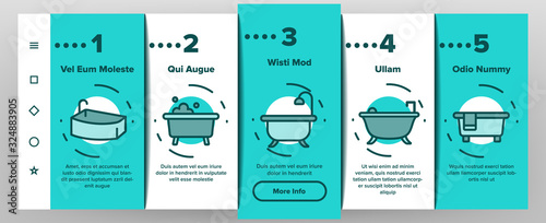 Bathtube And Shower Onboarding Icons Set Vector. Bathtube In Different Form, With Human And Full Soap Bubbles, Faucet And Towel Illustrations
