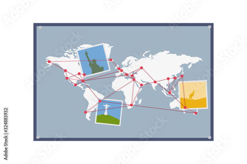 World map earth on wall with photo. Vector illustration