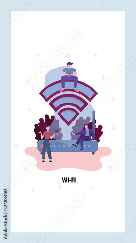 People use internet in free wifi zone. Wireless network technology symbol. Wi-fi hotspot, router, modem. Vector web site design template. Landing page website concept illustration