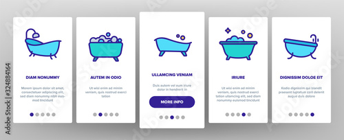 Bathtube And Shower Onboarding Icons Set Vector. Bathtube In Different Form, With Human And Full Soap Bubbles, Faucet And Towel Illustrations