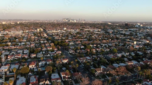 Los Angeles Towards Downtown from La Brea Sunset Aerial Shot