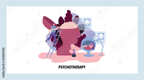 Psychotherapy doctor helps female patient with her problems. Mental disorder, human brain, mind health. Vector web site design template. Landing page website concept illustration
