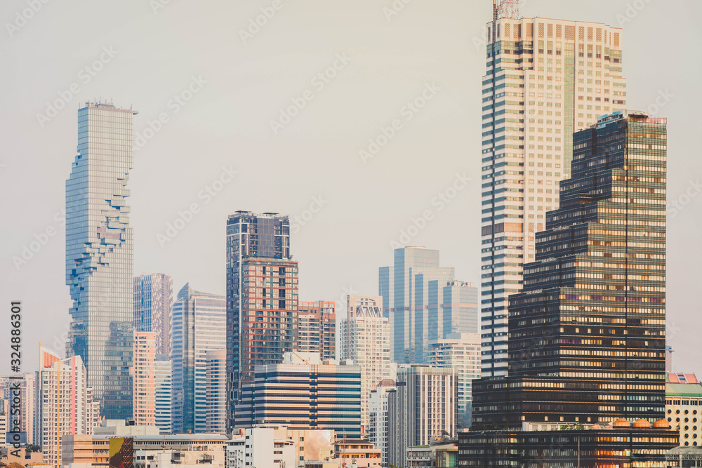 Fototapeta premium Aerial view of Bangkok modern office buildings, condominium, living place in Bangkok city