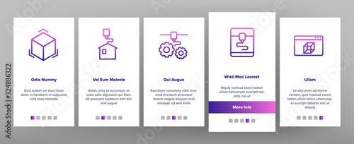 3d Printing Processing Onboarding Icons Set Vector. Printing Cube And House, Engineering Web Site And Gear Mechanism Illustrations