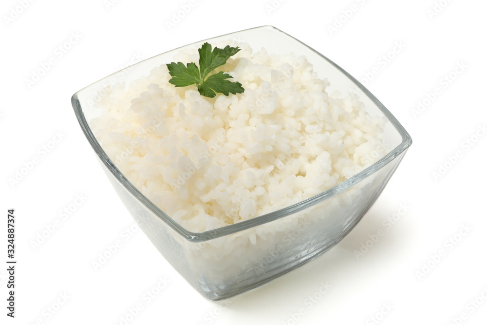 Glass bowl with boiled rice and parsley isolated on white background Glass bowl with boiled rice and parsley isolated on white background