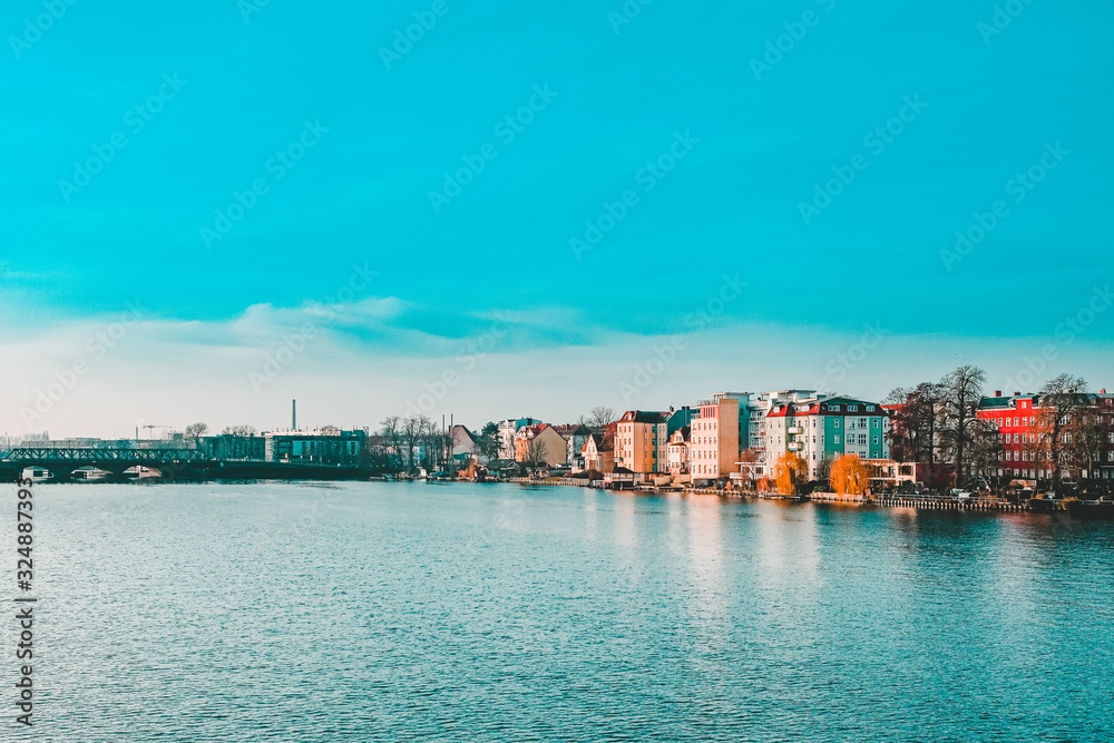 modern apartment buildings by the water in Berlin, Germany