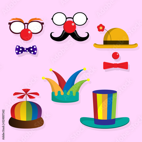 Cute jester hat with clown hat glasses red nose and bow tie set.
