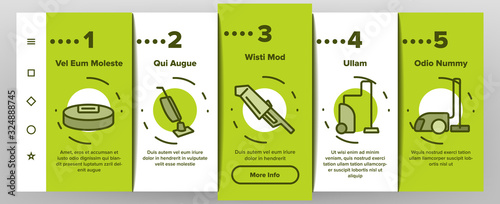 Vacuum Cleaner Device Onboarding Icons Set Vector. Industrial And Household, Handheld And Robotic, Canister Cleaner Home Appliance Illustrations