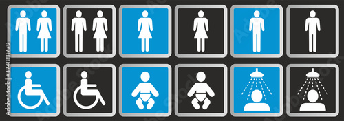 Vector illustration. Signs, set with icons for toilet ladies, men, disability, baby and shower.