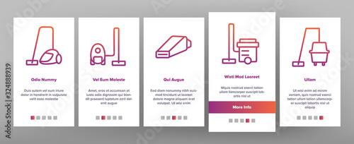 Vacuum Cleaner Device Onboarding Icons Set Vector. Industrial And Household, Handheld And Robotic, Canister Cleaner Home Appliance Illustrations