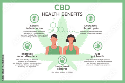CBD health benefits infographic, healthcare and medical  about cannabis, hemp, marijuana, and weed, vector flat symbol icon illustration in horizontal design