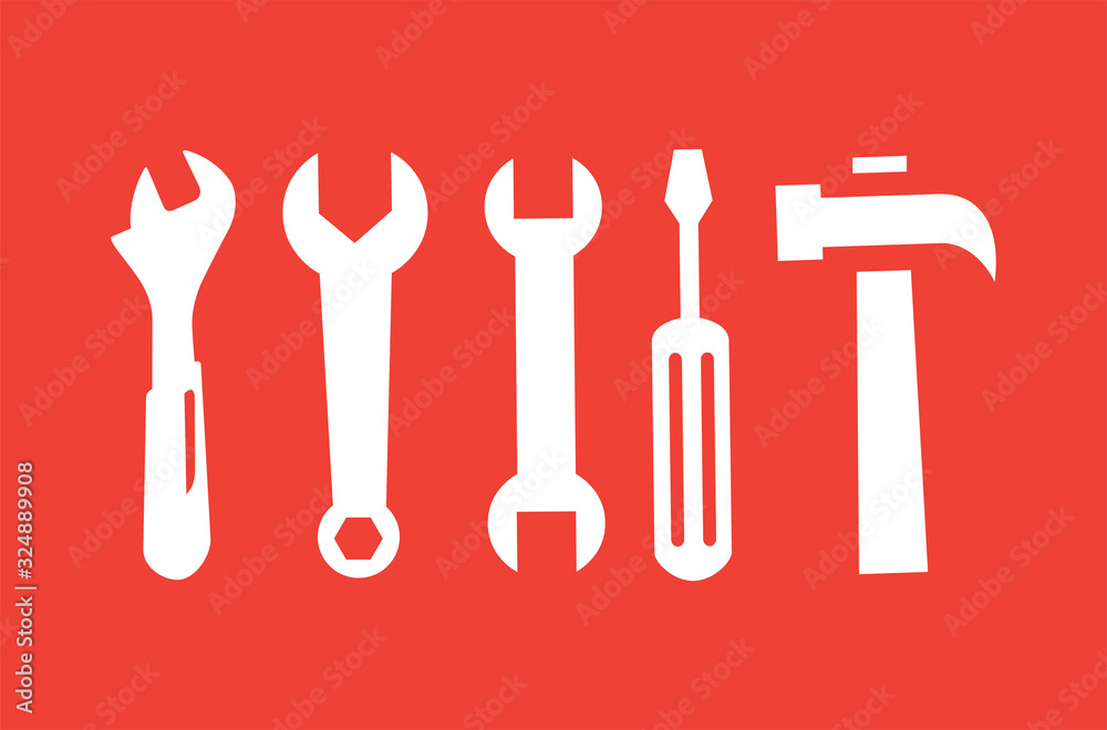 Wrench Spanner Screwdriver And Hammer Line Red Icon On White Background. Red Flat Style Vector. Wrench Spanner Screwdriver And Hammer Line Red Icon On White Background. Red Flat Style Vector.