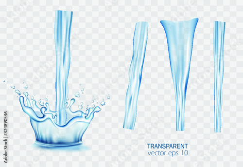 Transparent vector water splash and flowing stream on light background.  Set of moisture skincare liquid elements templates. Purified mineral water pouring advertising, package, promo, web design.