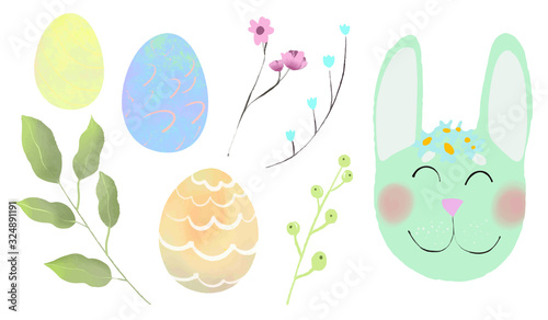 Set of Easter design elements. Eggs, floral, rabbit, flowers, branches.