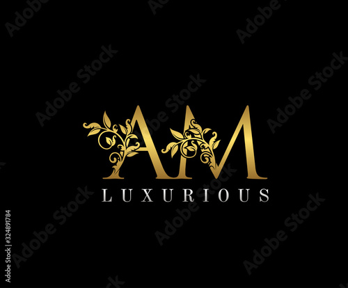 Classy letter A, M and AM Vintage Gold Floral Logo Icon, overlapping monogram logo, elegant luxury gold color on black background. Classy Letter Logo Icon.