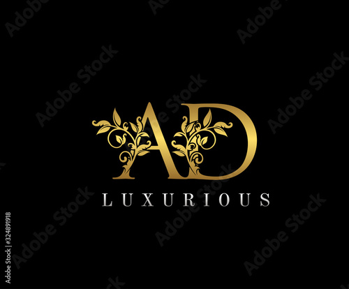 Classy letter A, D and AD Vintage Gold Floral Logo Icon, overlapping monogram logo, elegant luxury gold color on black background. Classy Letter Logo Icon.