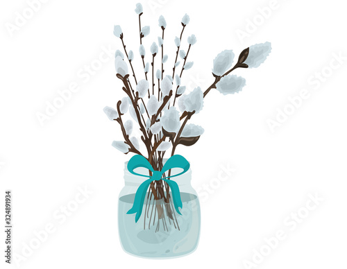 Pussy willow branches in glass vase vector