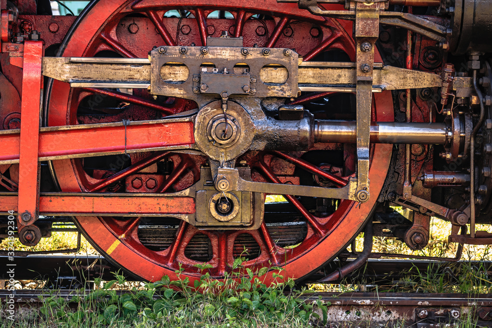 Details of the wheel mechanism of an old steam locomotive