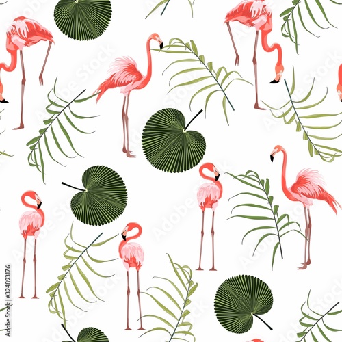 Colorful floral pattern with flamingo and exotic tropical leaves illustration. Fashion ornament on white background.