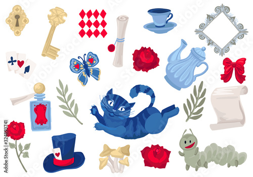 Alice in Wonderland collection. Set of isolated objects. Vector illustration.