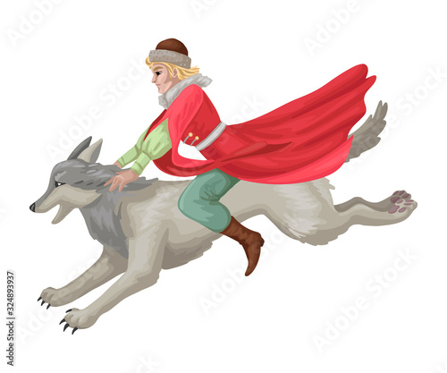 Russian folk tale with man rides wolf. Vector illustration