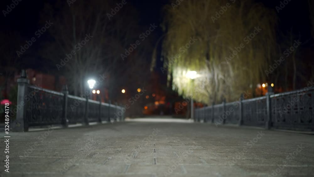 Empty city river embankment lit by lanterns at night in autumn. Salgir River Embankment in Simferopol.