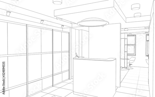 interior beauty salon contour visualization, 3D illustration, sketch, outline