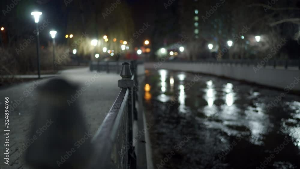 Empty city river embankment lit by lanterns at night in autumn. Salgir River Embankment in Simferopol. Empty city river embankment lit by lanterns at night in autumn. Salgir River Embankment in Simferopol.