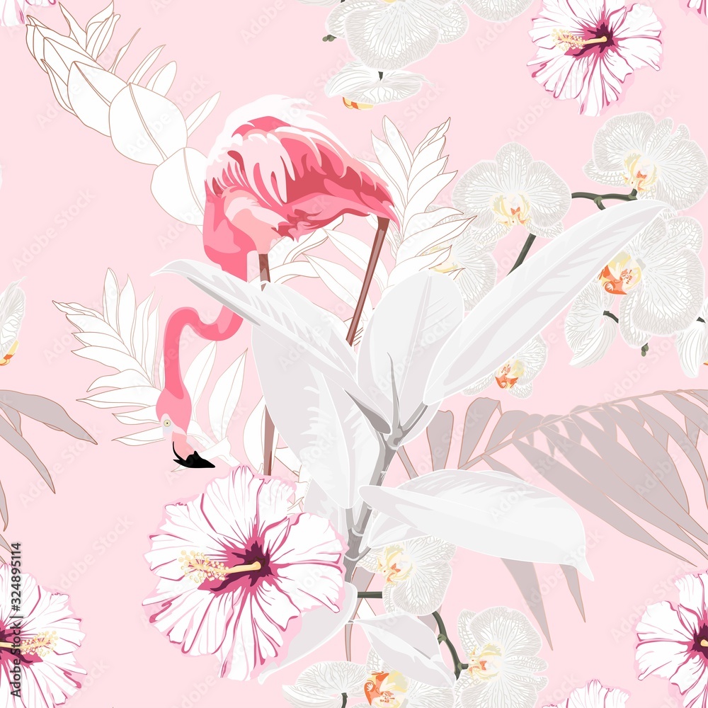 Obraz premium Pink flamingo, graphic palm leaves, ficus and hibiscus flowers, pink background. Floral seamless pattern. Tropical illustration. Exotic plants, birds. Summer beach design. Paradise nature.