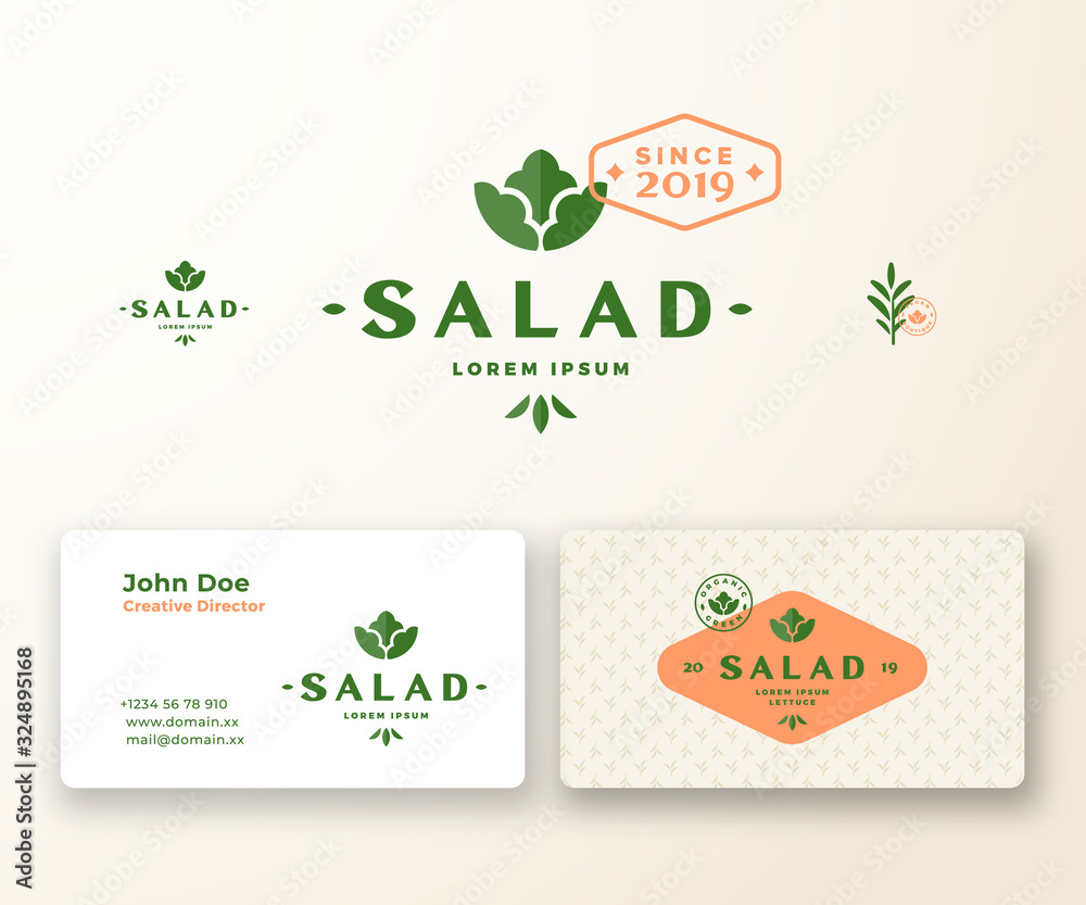 Salad Boutique Abstract Vector Logo and Business Card Template. Lettuce Vegetable or Green Food Emblems, Decorative Elements and Background Pattern. Premium Stationary Realistic Mock Up.