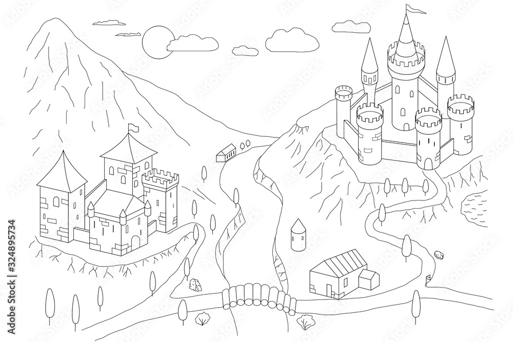 landscape mountains and two medieval fortresses coloring page illustration for painting