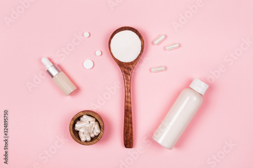 Different types of collagen. Powder, capsules, tablets and fluid.