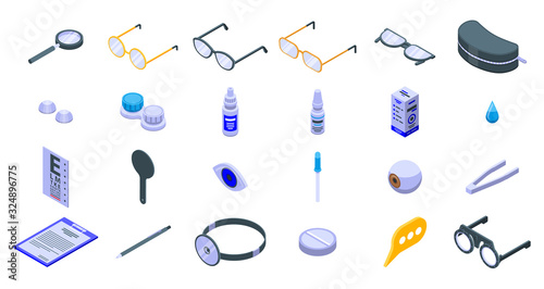 Optician icons set. Isometric set of optician vector icons for web design isolated on white background
