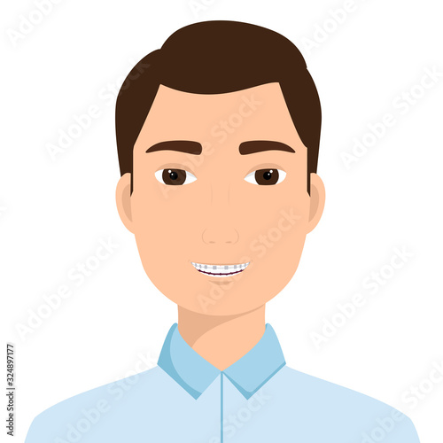 Portrait of a smiling man with orthodontic braces on his teeth. Vector illustration