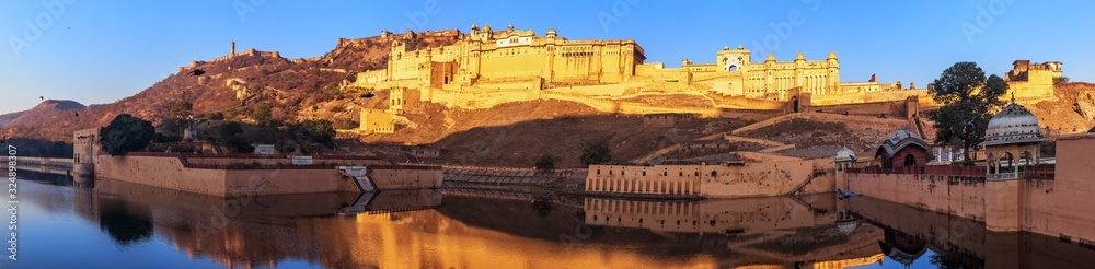 Amber fort in Jaipur, India, peaceful sunrise panorama